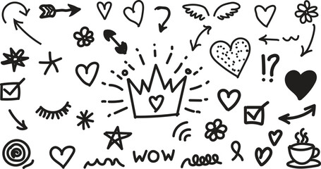 Hand drawn doodle icons including hearts and arrows