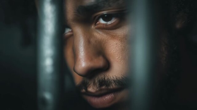 Man gazes through metal bars in a dark space, symbolizing the consequences of crime within the legal system