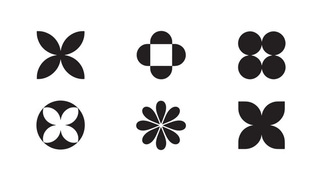 Set of Minimalist Black Geometric Floral and Abstract Shapes Vector Icons for Branding, Logos, Patterns, and Decorative Design Elements