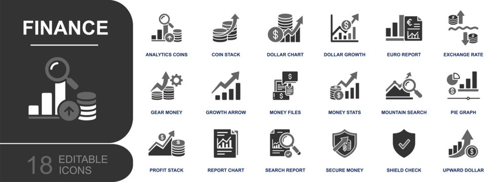 Finance icon set. Containing coin stack, dollar chart, growth arrow, exchange rate, euro report, profit, money stats, report search, secure money, pie graph and more. Solid fill vector icons