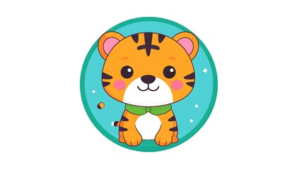 Fototapeta premium Adorable tiger cub illustration with green scarf standing in circular frame surrounded by white dots