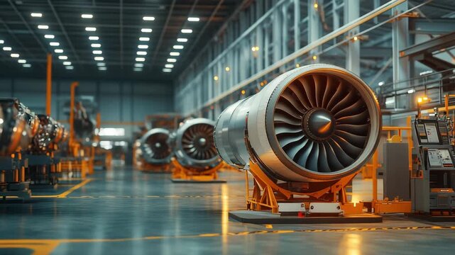 Jet engines are being assembled in a large manufacturing facility with advanced technology and equipment