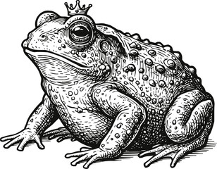Naklejka premium royal toad with crown sitting poised hand drawn detailed amphibian prince illustration vintage nature sketch and fantasy creature