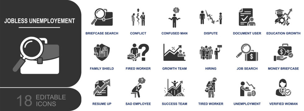 Jobless unemployment icon set. Containing job search, hiring, fired worker, resume, conflict, dispute, sad employee, unemployment policy, money briefcase and more. Solid fill icons.