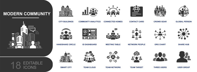 Modern community icon set. Containing city buildings, community analytics, connected homes, contact card, crowd, global person, handshake, dashboard, meeting, network, organization, smart city and mor © Samad