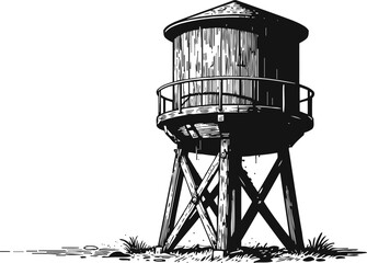 Vintage wooden water tower with supporting beams and railing, hand drawn rustic structure