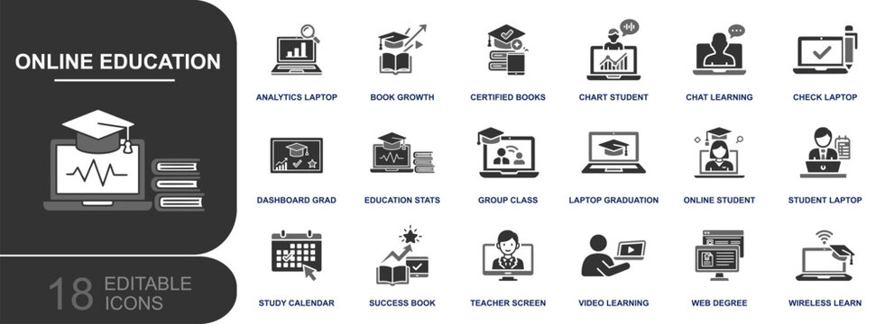 Online education icon set. Containing e-learning student laptop, virtual class, teacher screen, video learning, web degree, study calendar, analytics and more. Solid vector icons collection.