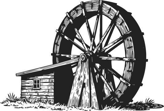 Vintage wooden water wheel attached to old rustic mill house in countryside