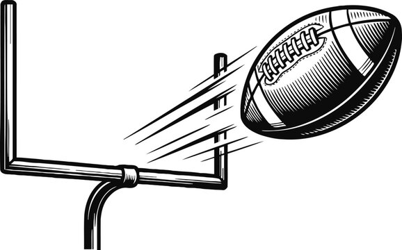 American football ball flying toward goalpost for scoring touchdown, sports action illustration