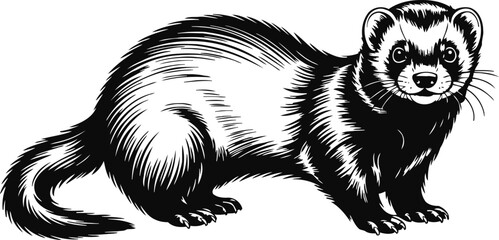Obraz premium Black and white illustration of a ferret standing, detailed engraving animal drawing