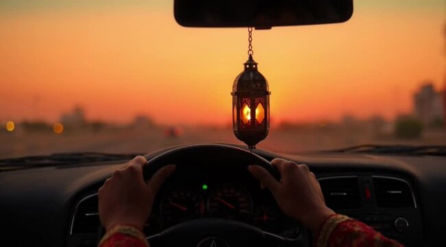 Driving home during ramadan with traditional lantern hanging from rearview mirror at sunset golden hour
