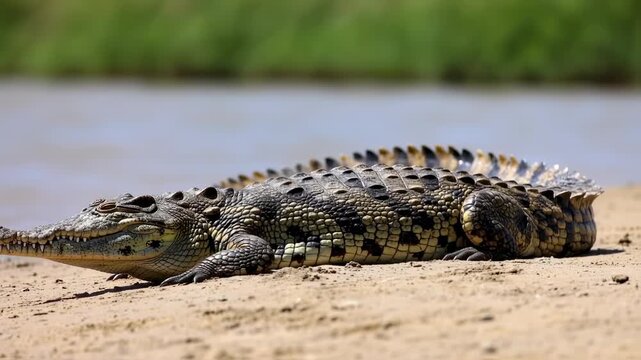 Croc resting on sandy riverbank
