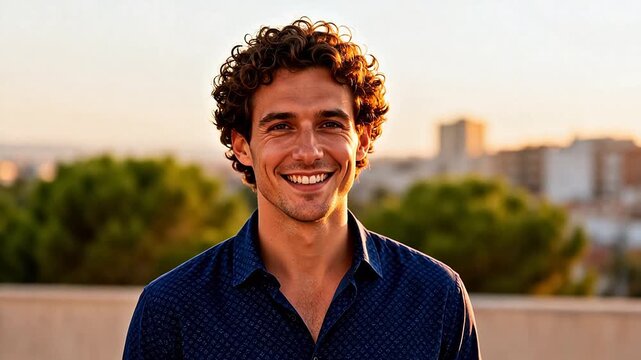 Smiling man with curly hair outdoors
