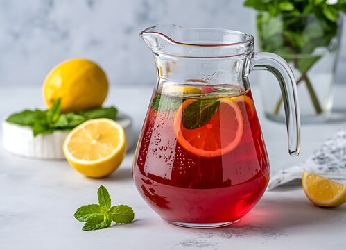 A transparent glass pitcher of red rooh afza with lemon slices and mint leaves on a white marble surface