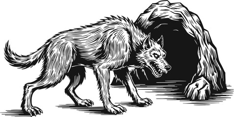 Fototapeta premium ferocious werewolf guarding cave entrance snarling with sharp teeth and aggressive posture