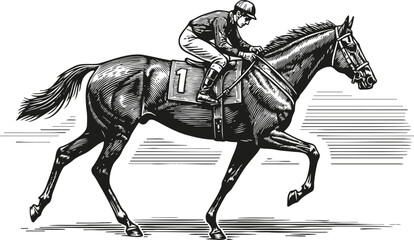 Jockey riding racehorse galloping fast during a horse racing competition in vintage engraving
