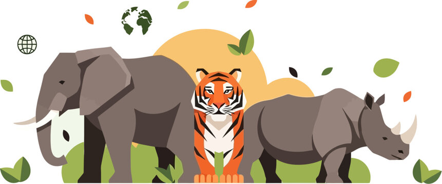 Illustration of an elephant, tiger, and rhinoceros representing global wildlife conservation and the protection of endangered species and their vital natural habitats
