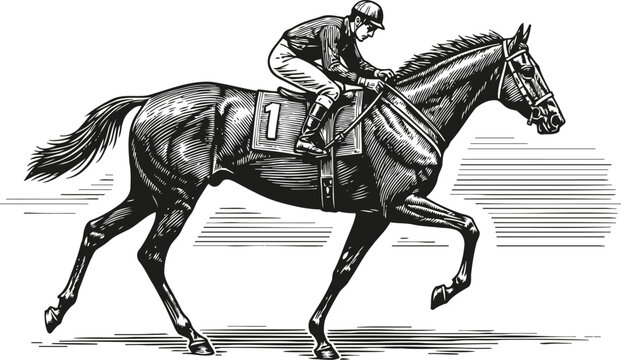 Jockey riding racehorse galloping fast during a horse racing competition in vintage engraving