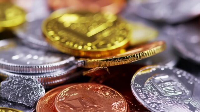Close-up of various coins, gold, silver, and copper, stacked and intermingled