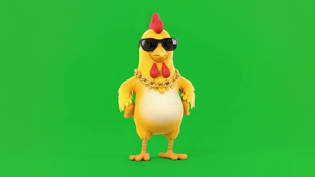 Executing playful chicken character dances in a bright studio