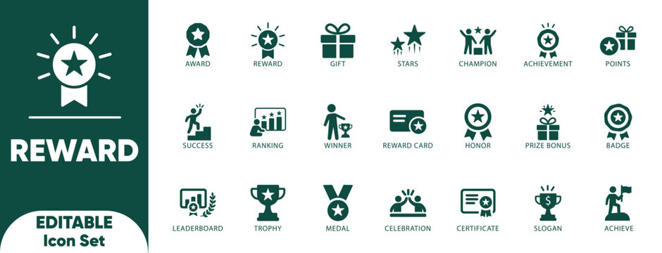Reward Solid icon set. medal, gift, prize,  badge, trophy, achievement, winner, and vector icons.