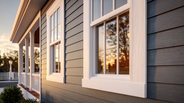 Modern house exterior with grey horizontal siding and white window frames at sunset