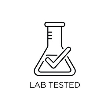 Lab tested flask icon with check mark and text on white background