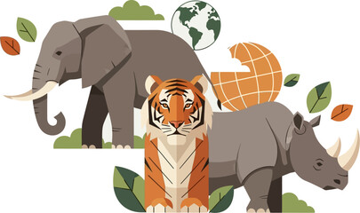 Wild animals conservation and biodiversity awareness with majestic elephant and tiger, and rhino under a globe illustrating global earth and leafy nature © Randomic Dgitals