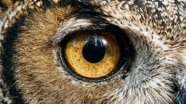 Golden owl macro eye close up textured iris and feather detail, close bird raptor portrait with sharp reflection, intense natural gaze