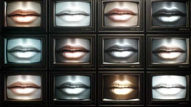 Lips are shown on several television screens with different colors and patterns, moving while talking. TV content, media