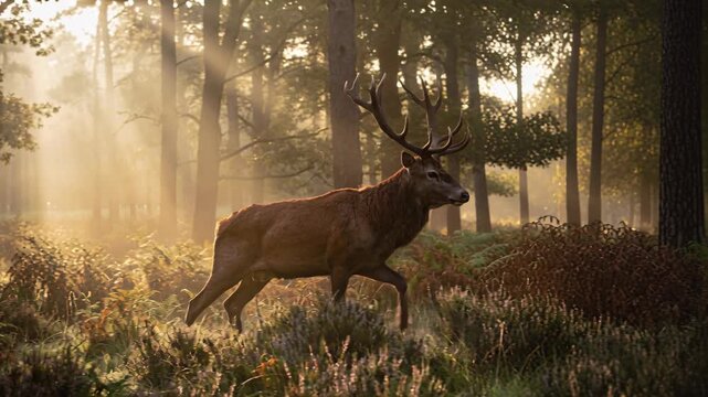 Majestic red deer stag walking through misty sunlit autumn forest clearing with antler silhouette illuminating ferns and woodland wildlife
