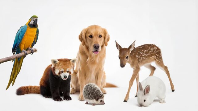 Golden retriever fawn deer macaw parrot red panda hedgehog white rabbit group of small animals together studio portrait showing gentle playful calm