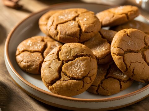 A plate of freshly baked and golden brown snickerdoodle cookies arranged neatly.