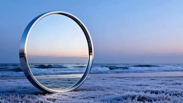 Metal ring on frosty beach with ocean view