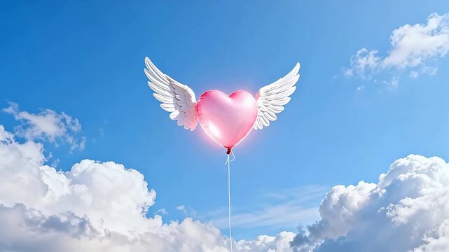 Heart shaped balloon with wings in sky