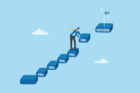Fail to success, attempt or effort to overcome challenge and reach business goal, motivation or mistake to build stair to success, ambitious businessman try to build stair with fail to reach success.