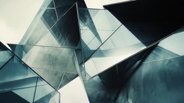 Contemporary glass and steel building showcasing a complex geometric facade with multiple reflecting surfaces, creating an abstract pattern and a dynamic architectural design