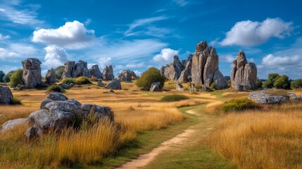 Fototapeta premium Breathtaking rocky landscape under a clear blue sky. Natural formations tower above golden grass. A winding path invites exploration and adventure. Perfect for posters and travel blogs. AI