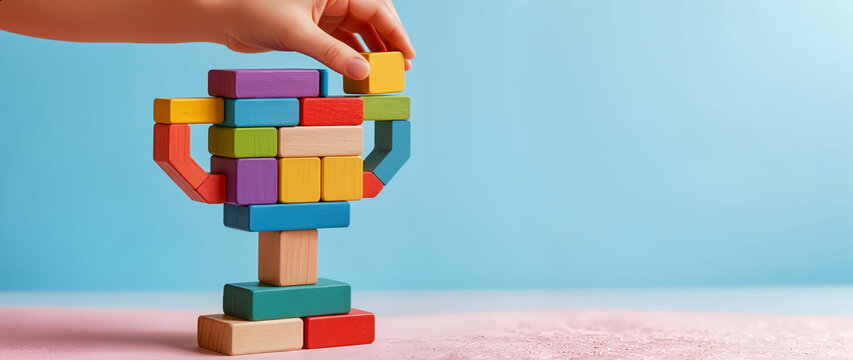 Banner picture , Child's hand building a trophy from wooden blocks, representing creative planning, goal setting, and success concept.