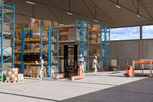 3D Robot Warehouse Logistics, forklifts move boxed pallets