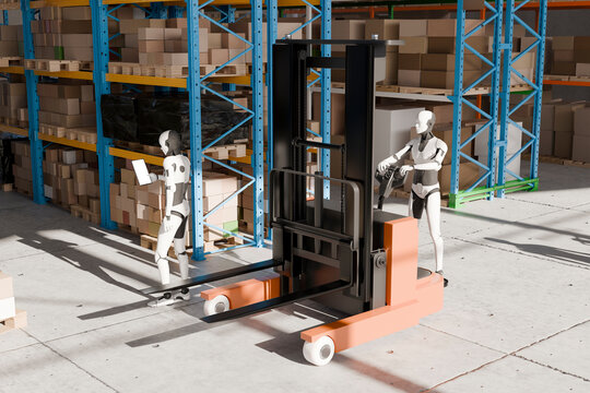 3D Robot Forklift Operation, warehouse racks and inventory scan