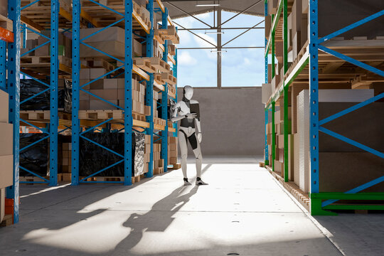 3D Robot Aisle Inventory, warehouse shelving and carton stacks