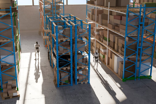 3D Robot Warehouse Depth, aisle perspective with pallet jack