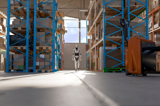 3D Robot Warehouse Corridor, automation monitors stock lanes