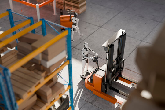 3D Robot Forklift Shadow, warehouse lift in sunlight