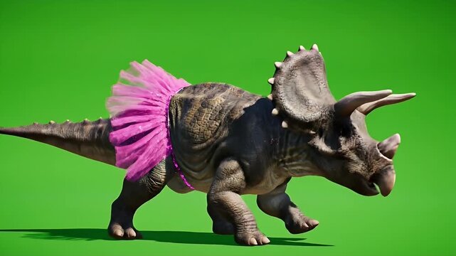 Triceratops with Tutu on Green Screen - A realistic depiction of a triceratops is shown in profile against a green screen backdrop. The dinosaur is comically accessorized with a pink tutu and beads.