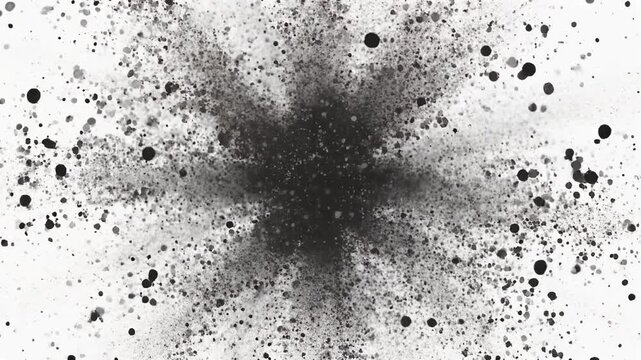 A black splatter radiates from the center on a white background, with particles scattered