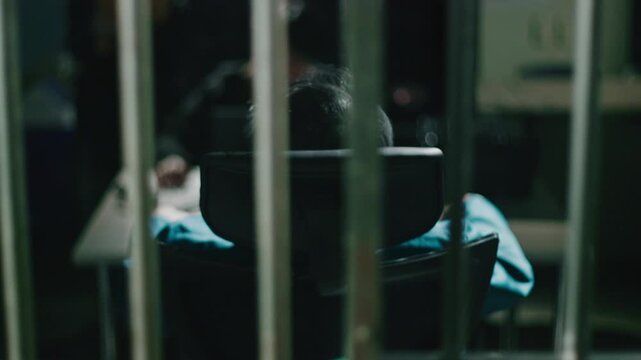 Back of investigator and suspect investigating through iron bars