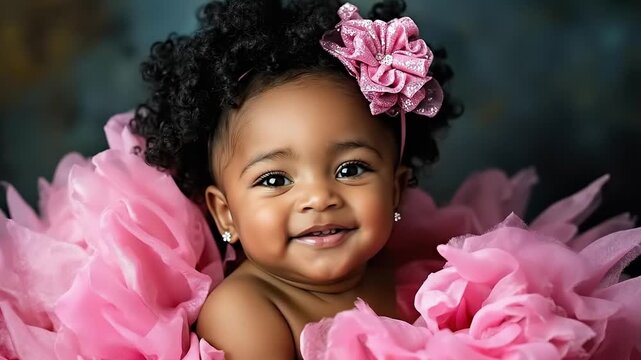 A baby girl in a pink tutu smiles at the camera