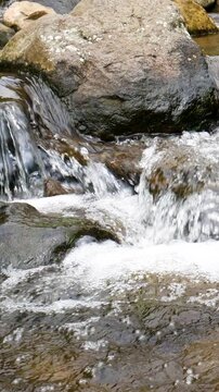 Mountain river captured with depth and realistic water movement in fresh outdoor setting. Suitable for Vertical travel campaigns and immersion background visuals.